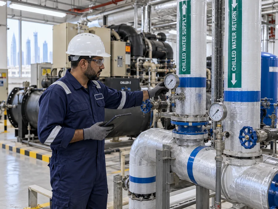 HVAC technician inspecting a chilled-water system